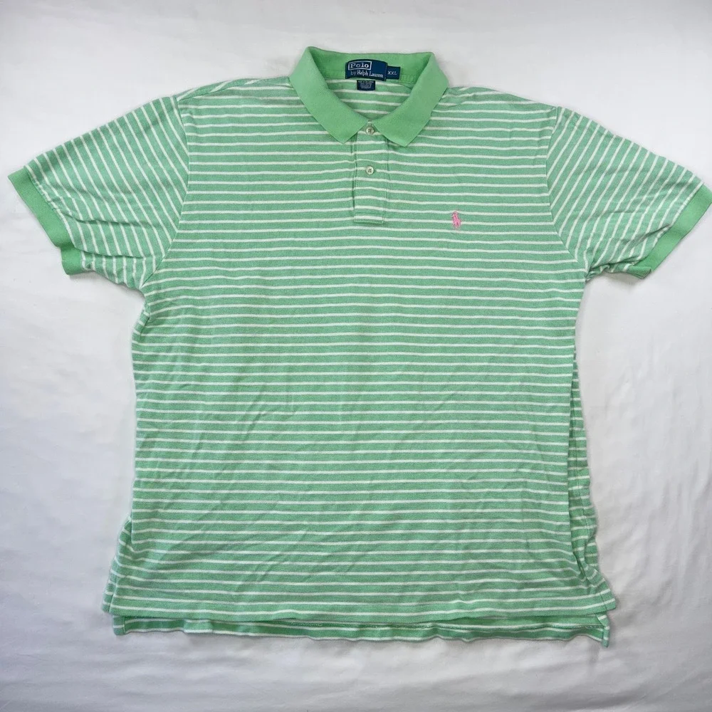 Polo Ralph Lauren Shirt Men's XXL Vintage Golf Green White Stripe Polo Pink Pony